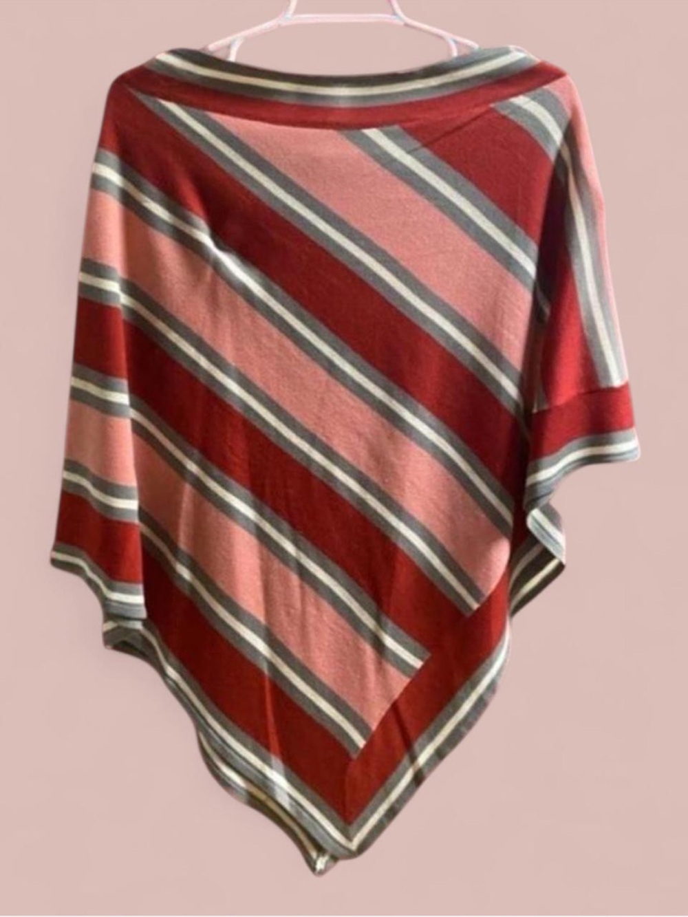 Vintage Y2K BCBGMAXAZRIA
Red Pink Gray White Striped Sweater Knit Poncho One SZ